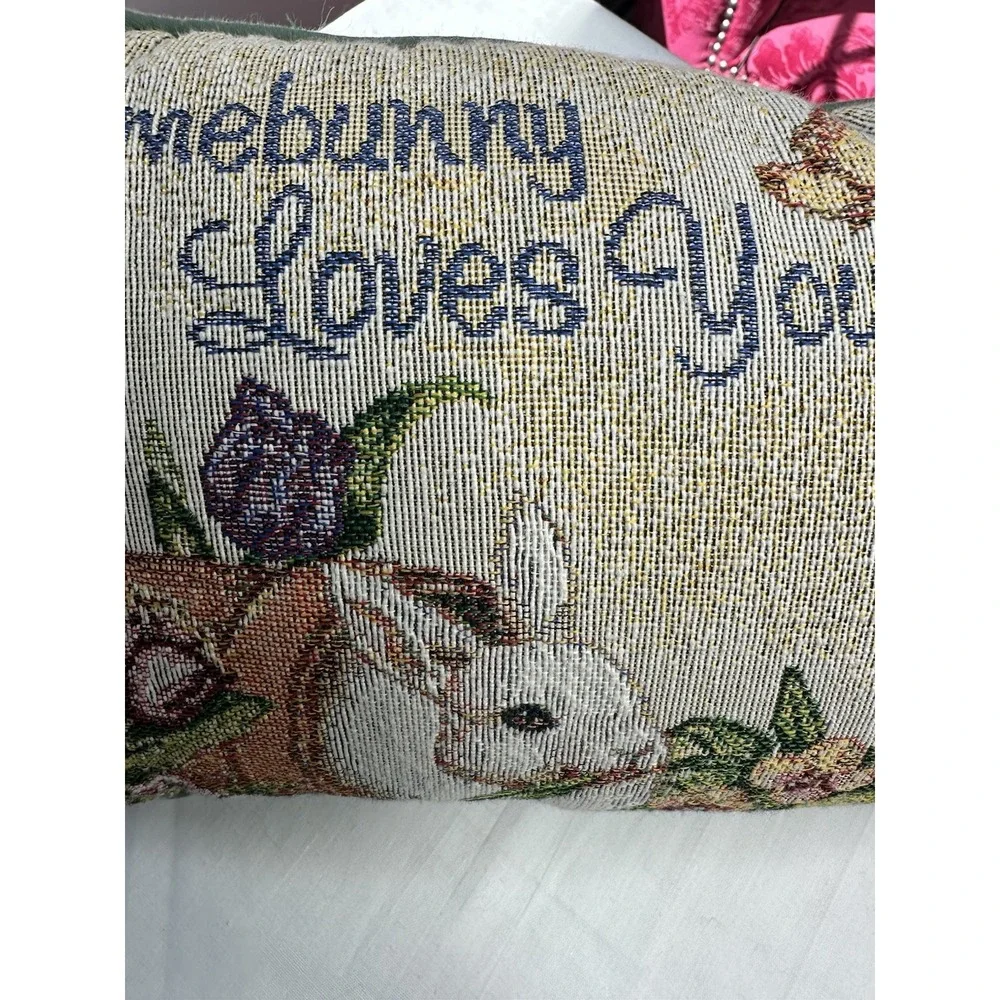 VTG Tapestry Accent Pillow Some Bunny Loves You 13 X 8